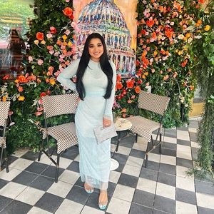 Embellished Long Sleeve Top in Aqua and Embellished Maxi Skirt in Aqua.